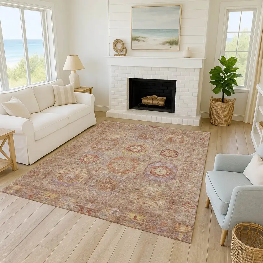 Khaki Gold And Burgundy Medallion Washable Indoor Outdoor Area Rug Photo 9