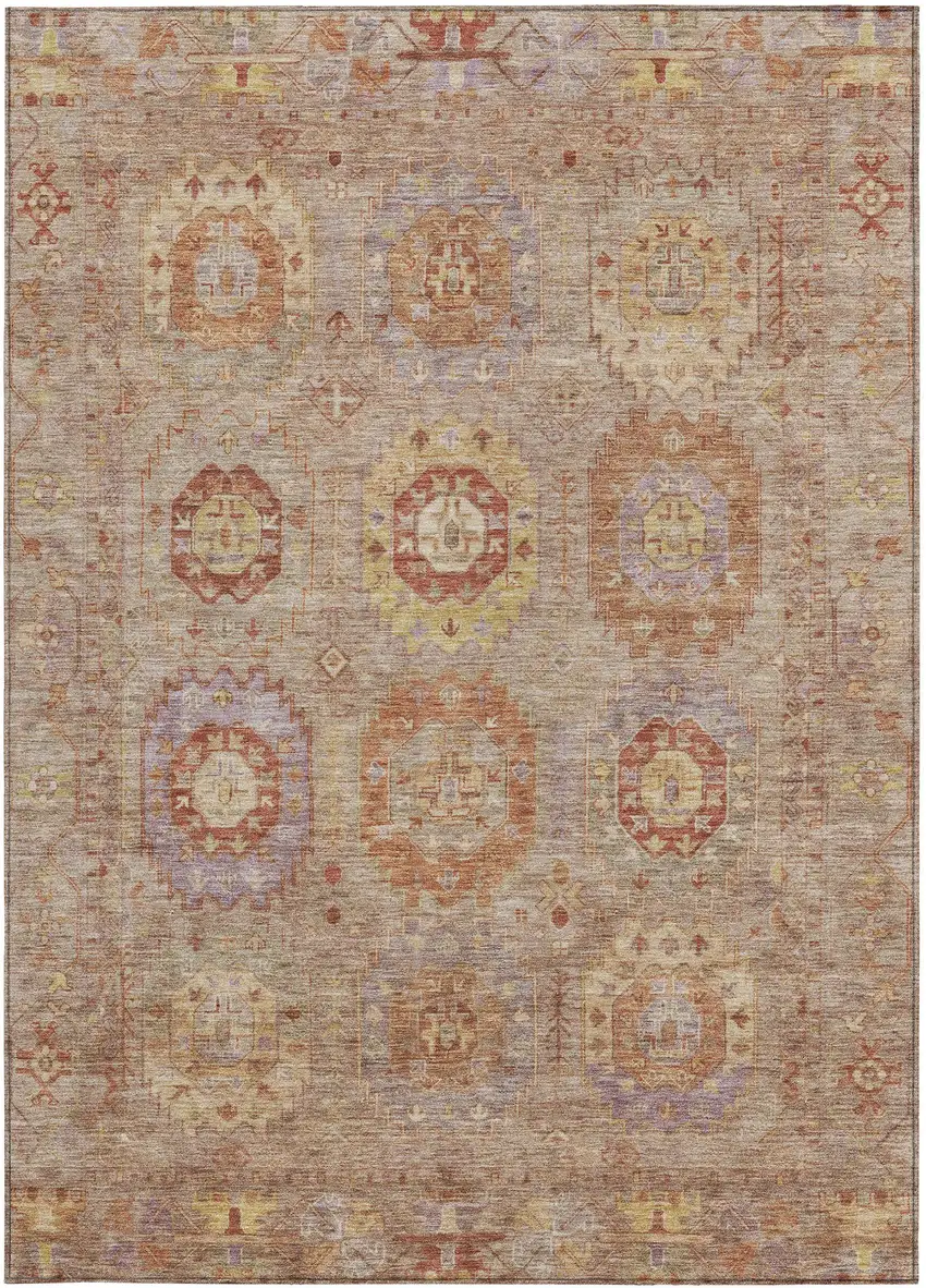 Khaki Gold And Burgundy Medallion Washable Indoor Outdoor Area Rug Photo 4