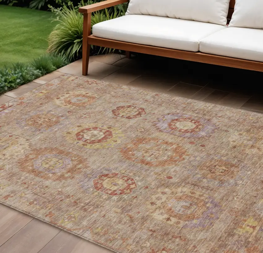 Khaki Gold And Burgundy Medallion Washable Indoor Outdoor Area Rug Photo 1