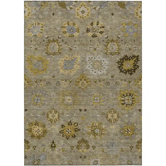 Khaki Gold And Gray Damask Washable Indoor Outdoor Area Rug Photo 2