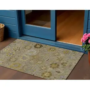 Photo of Khaki Gold And Gray Damask Washable Indoor Outdoor Area Rug