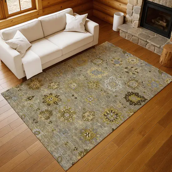 Khaki Gold And Gray Damask Washable Indoor Outdoor Area Rug Photo 9