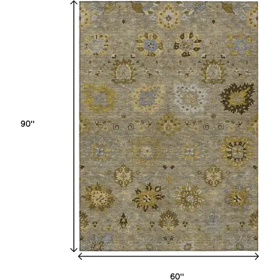 Khaki Gold And Gray Damask Washable Indoor Outdoor Area Rug Photo 3