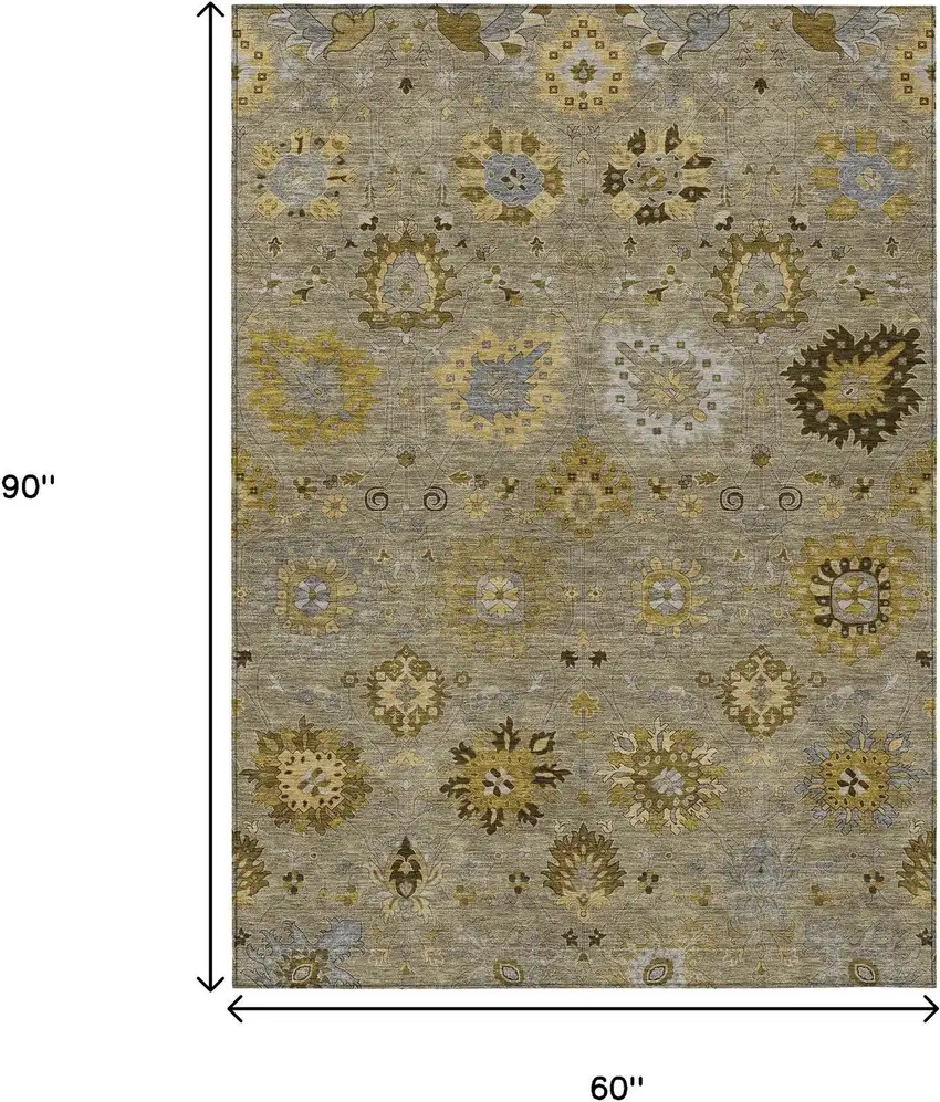 Khaki Gold And Gray Damask Washable Indoor Outdoor Area Rug Photo 3