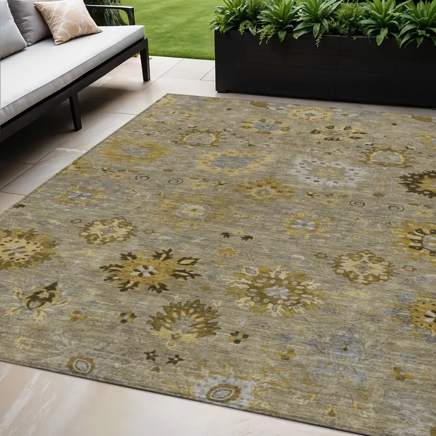 Khaki Gold And Gray Damask Washable Indoor Outdoor Area Rug Photo 1