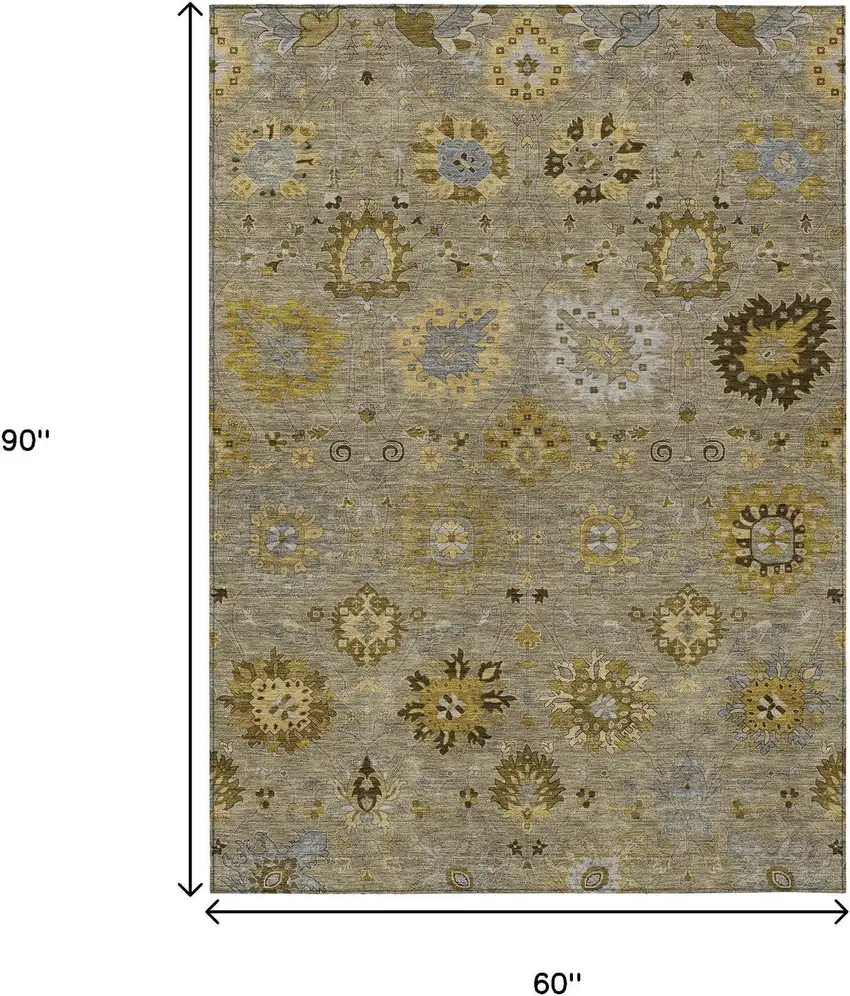 Khaki Gold And Gray Damask Washable Indoor Outdoor Area Rug Photo 8