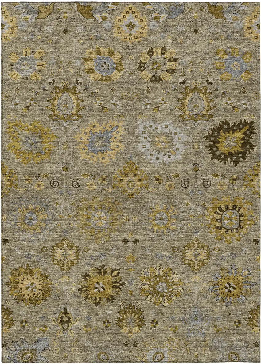 Khaki Gold And Gray Damask Washable Indoor Outdoor Area Rug Photo 2