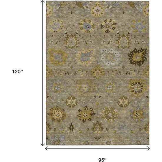Khaki Gold And Gray Damask Washable Indoor Outdoor Area Rug Photo 3