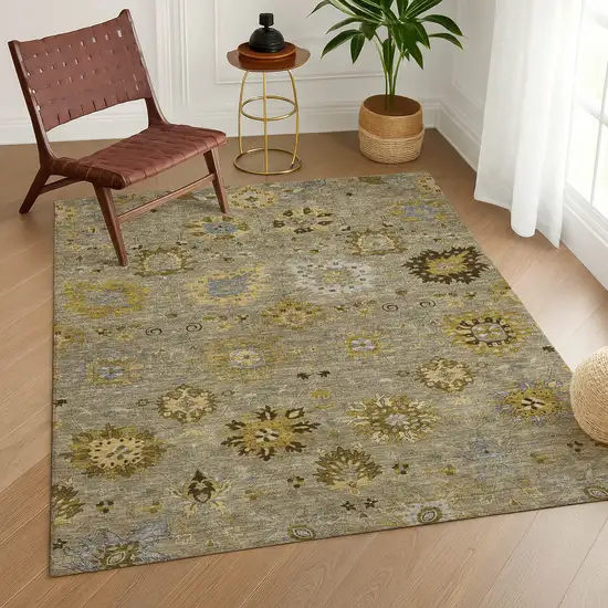 Khaki Gold And Gray Damask Washable Indoor Outdoor Area Rug Photo 9