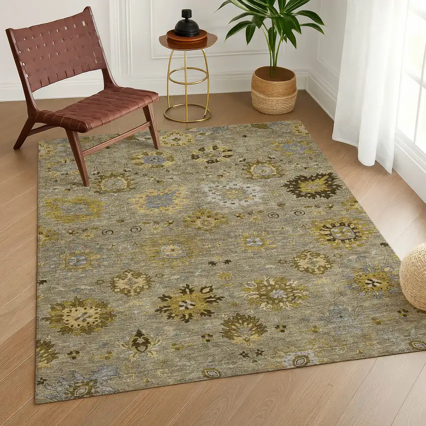 Khaki Gold And Gray Damask Washable Indoor Outdoor Area Rug Photo 9