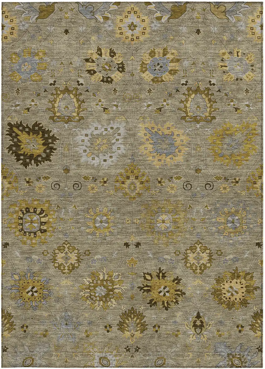 Khaki Gold And Gray Damask Washable Indoor Outdoor Area Rug Photo 5