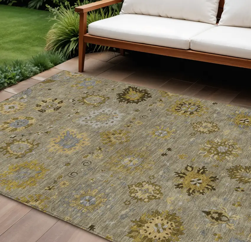 Khaki Gold And Gray Damask Washable Indoor Outdoor Area Rug Photo 1