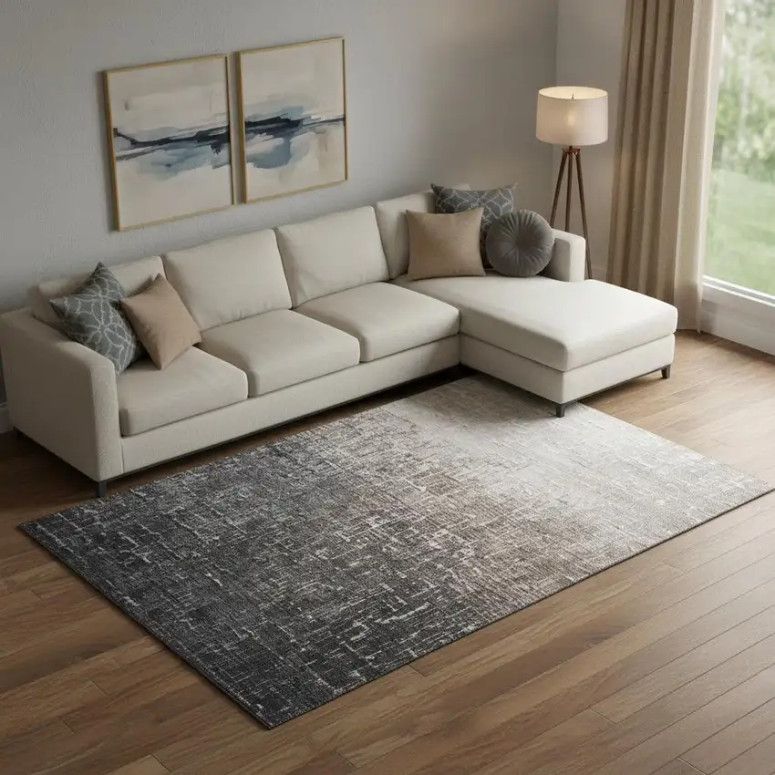 Khaki Gray And Charcoal Ombre Washable Area Rug With UV Protection Photo 2