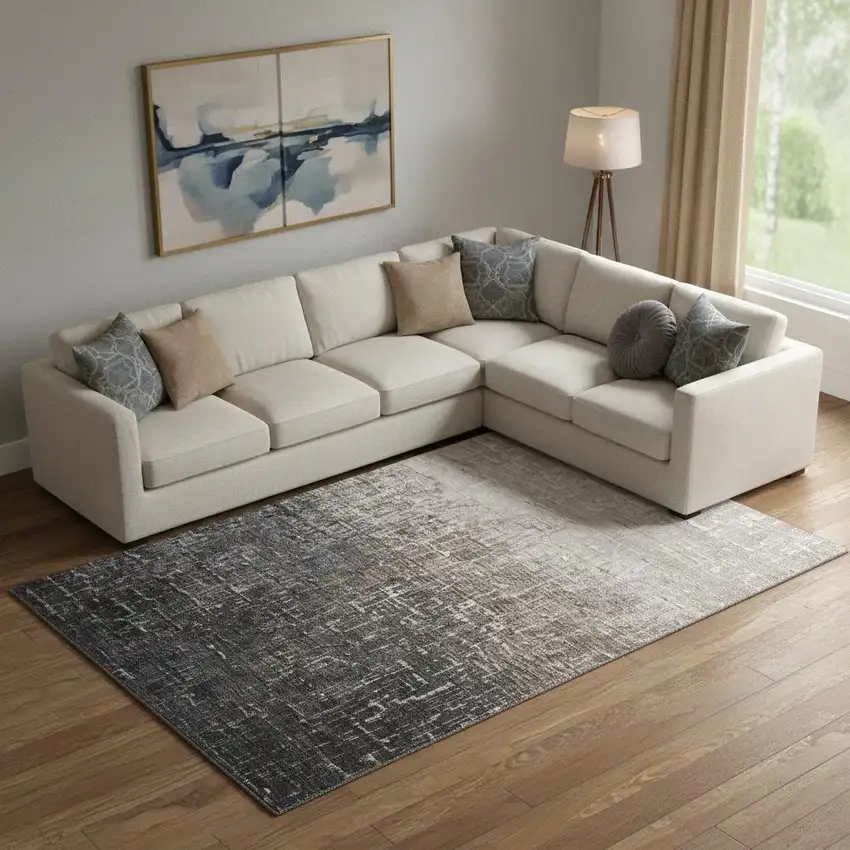 Khaki Gray And Charcoal Ombre Washable Area Rug With UV Protection Photo 2