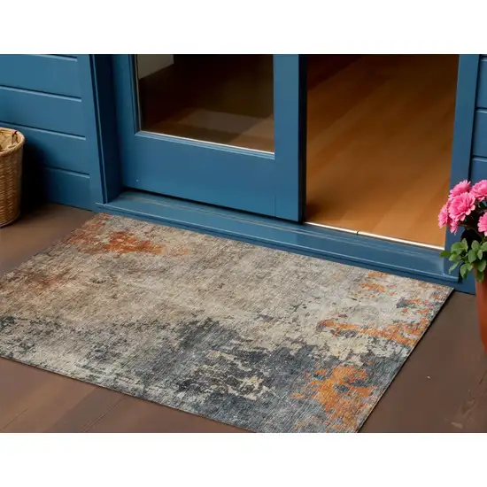 Khaki Gray And Copper Abstract Washable Indoor Outdoor Area Rug Photo 1
