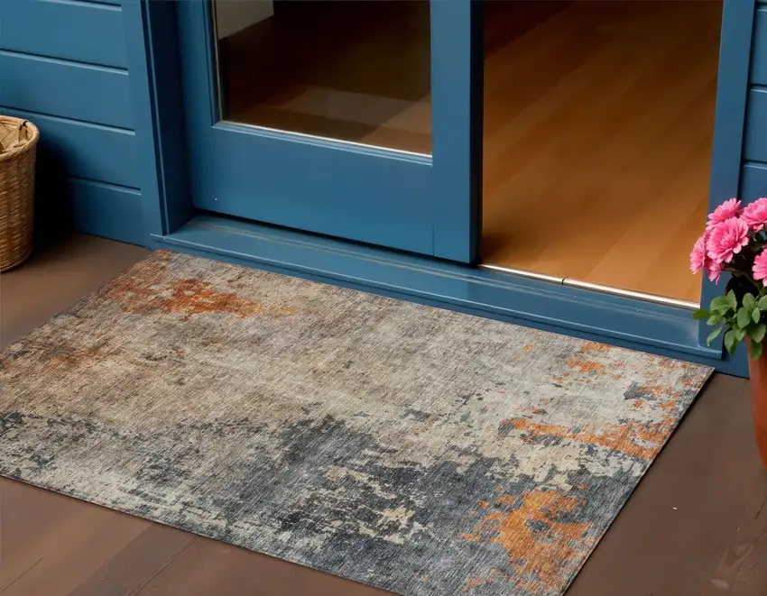 Khaki Gray And Copper Abstract Washable Indoor Outdoor Area Rug Photo 1