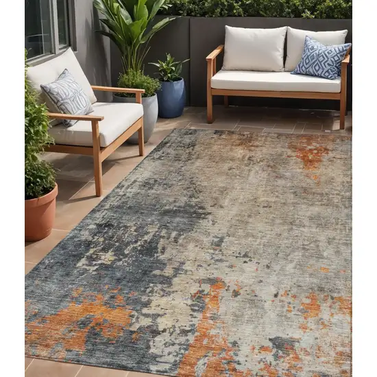 Khaki Gray And Copper Abstract Washable Indoor Outdoor Area Rug Photo 1