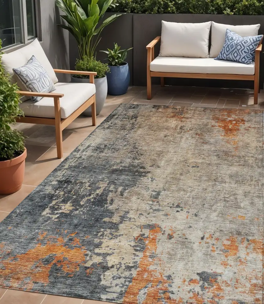 Khaki Gray And Copper Abstract Washable Indoor Outdoor Area Rug Photo 1