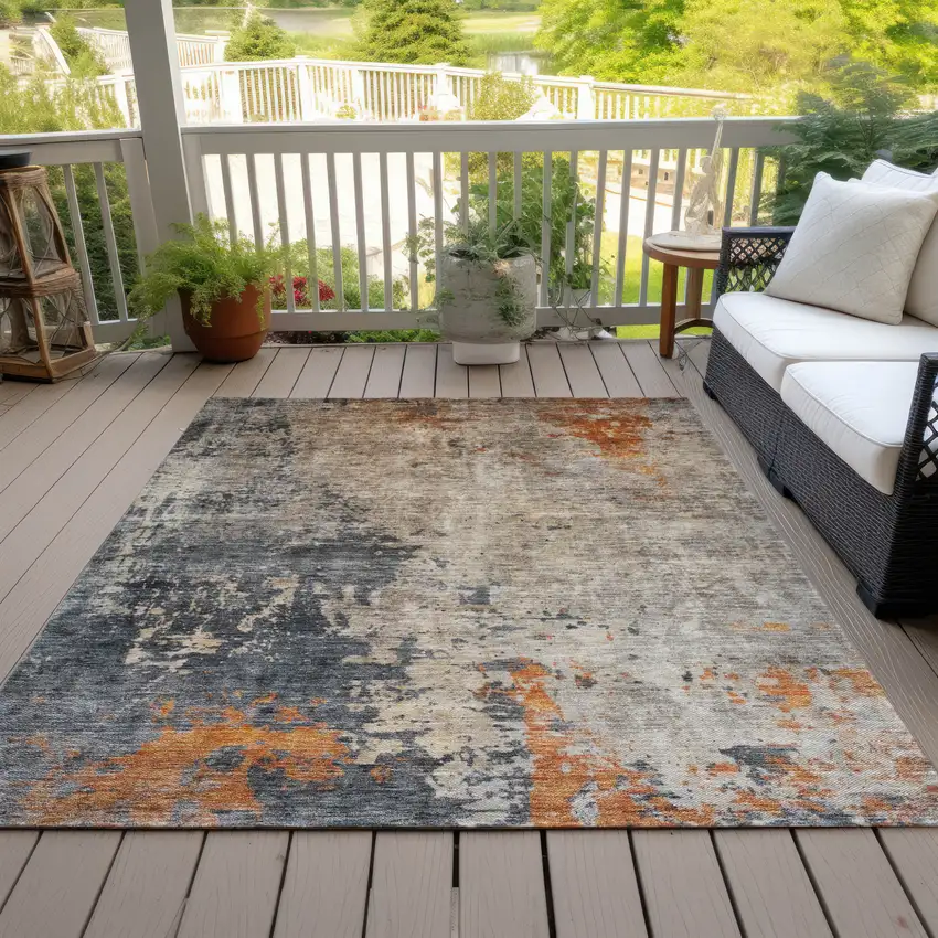 Khaki Gray And Copper Abstract Washable Indoor Outdoor Area Rug Photo 9
