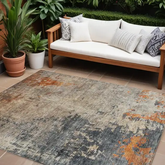 Khaki Gray And Copper Abstract Washable Indoor Outdoor Area Rug Photo 1