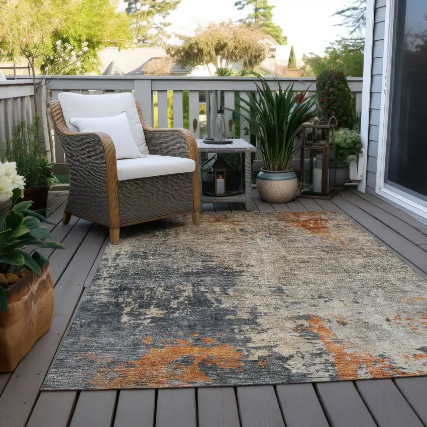 Khaki Gray And Copper Abstract Washable Indoor Outdoor Area Rug Photo 8