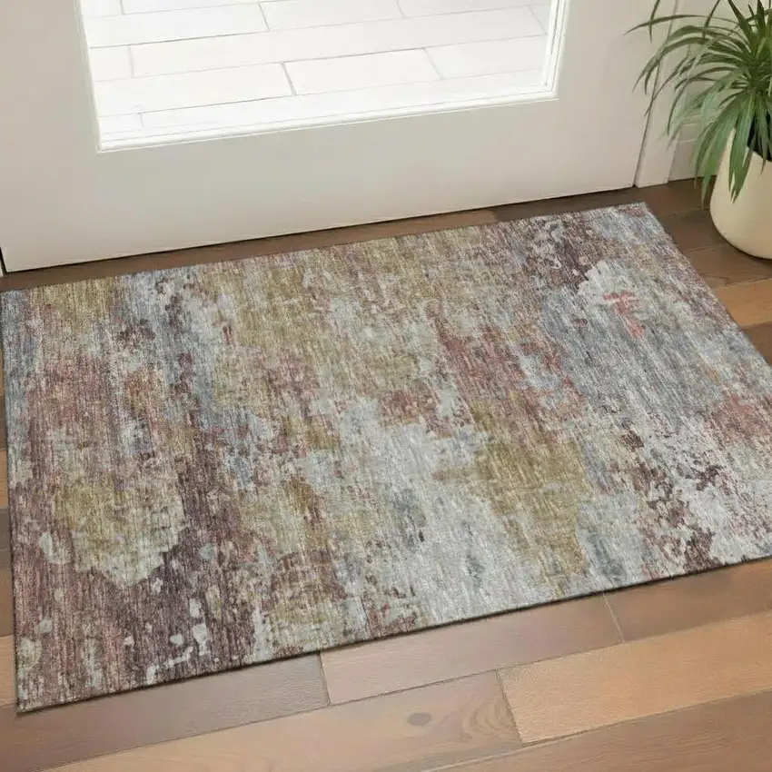 Khaki Gray And Gold Abstract Washable Area Rug With UV Protection Photo 2