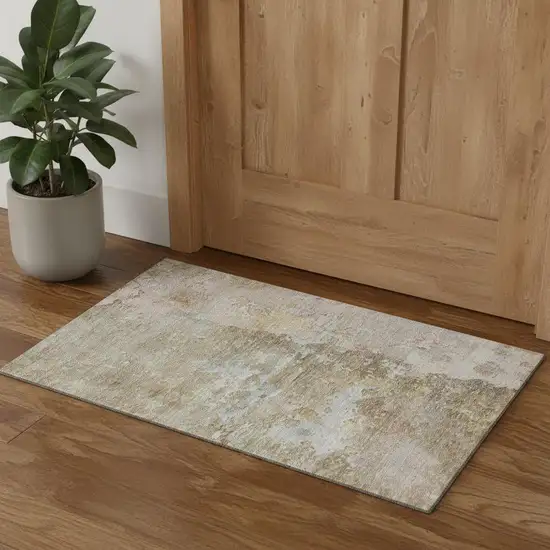 Khaki Gray And Gold Abstract Washable Area Rug With UV Protection Photo 1