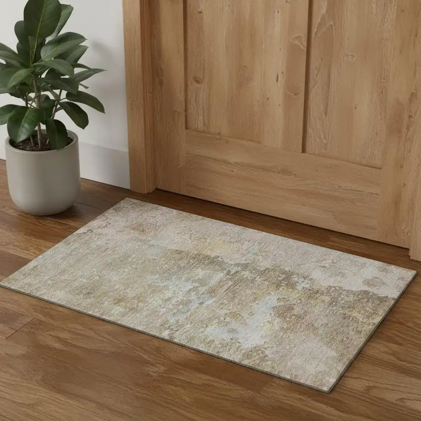 Khaki Gray And Gold Abstract Washable Area Rug With UV Protection Photo 1