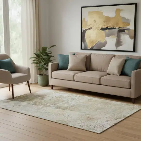 Khaki Gray And Gold Abstract Washable Area Rug With UV Protection Photo 2