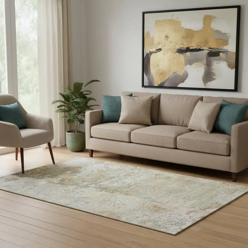 Khaki Gray And Gold Abstract Washable Area Rug With UV Protection Photo 2