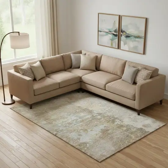 Khaki Gray And Gold Abstract Washable Area Rug With UV Protection Photo 2