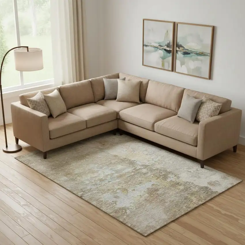 Khaki Gray And Gold Abstract Washable Area Rug With UV Protection Photo 2