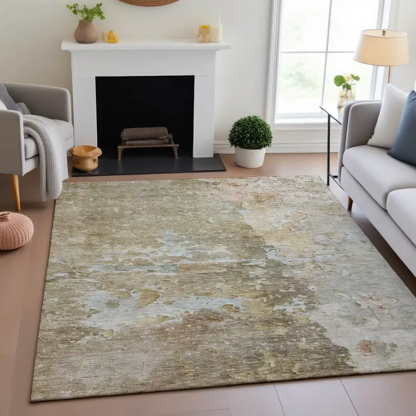 Khaki Gray And Gold Abstract Washable Area Rug With UV Protection Photo 5