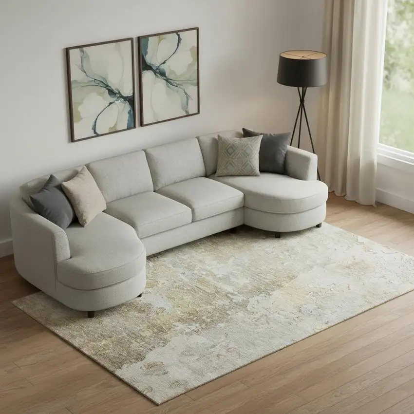 Khaki Gray And Gold Abstract Washable Area Rug With UV Protection Photo 2