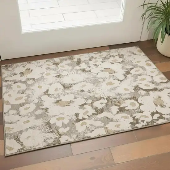 Khaki Gray And Ivory Floral Washable Area Rug With UV Protection Photo 1