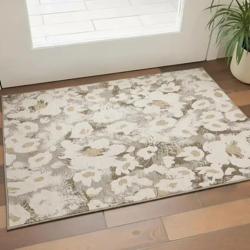 Khaki Gray And Ivory Floral Washable Area Rug With UV Protection Photo 1