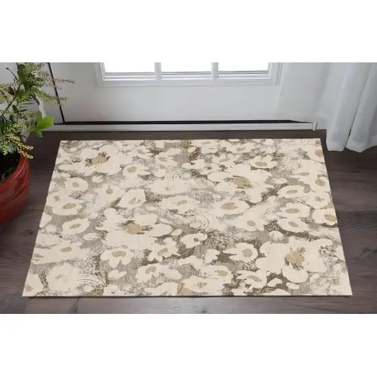 Khaki Gray And Ivory Floral Washable Area Rug With UV Protection Photo 2