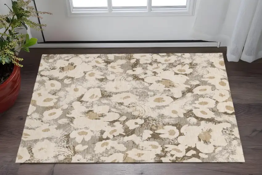 Khaki Gray And Ivory Floral Washable Area Rug With UV Protection Photo 2