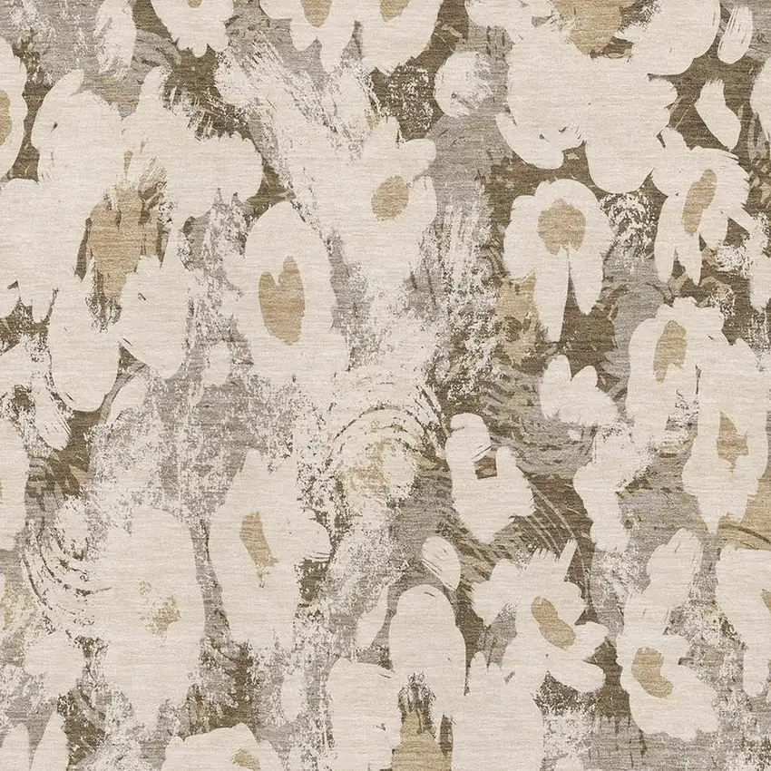 Khaki Gray And Ivory Floral Washable Area Rug With UV Protection Photo 3