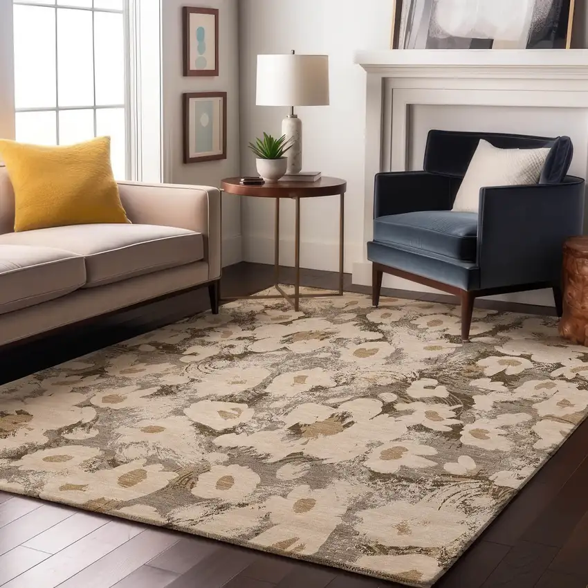 Khaki Gray And Ivory Floral Washable Area Rug With UV Protection Photo 5