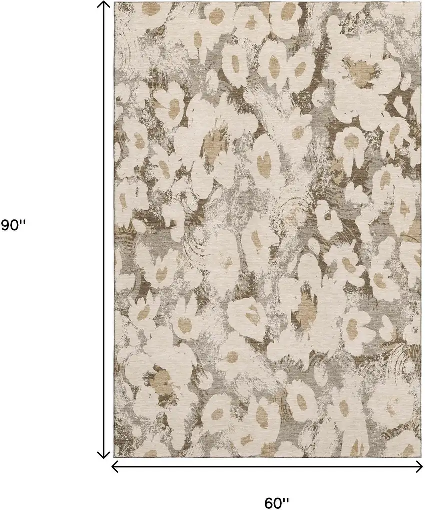 Khaki Gray And Ivory Floral Washable Area Rug With UV Protection Photo 9