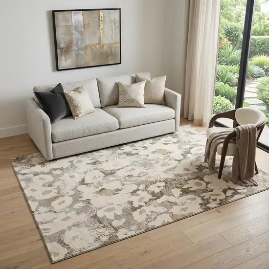 Khaki Gray And Ivory Floral Washable Area Rug With UV Protection Photo 1