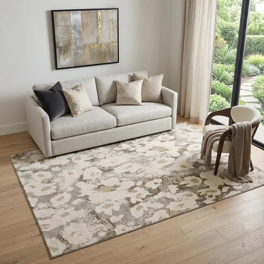 Khaki Gray And Ivory Floral Washable Area Rug With UV Protection Photo 1