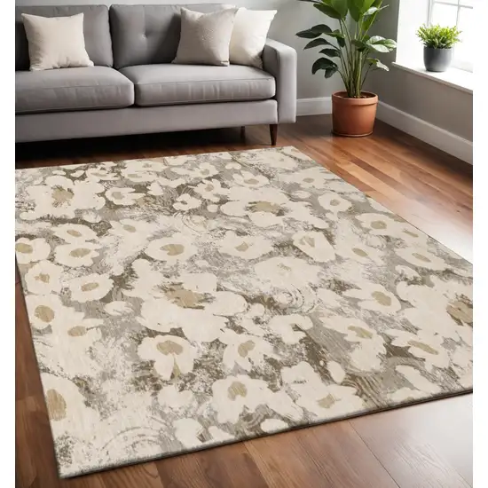 Khaki Gray And Ivory Floral Washable Area Rug With UV Protection Photo 2