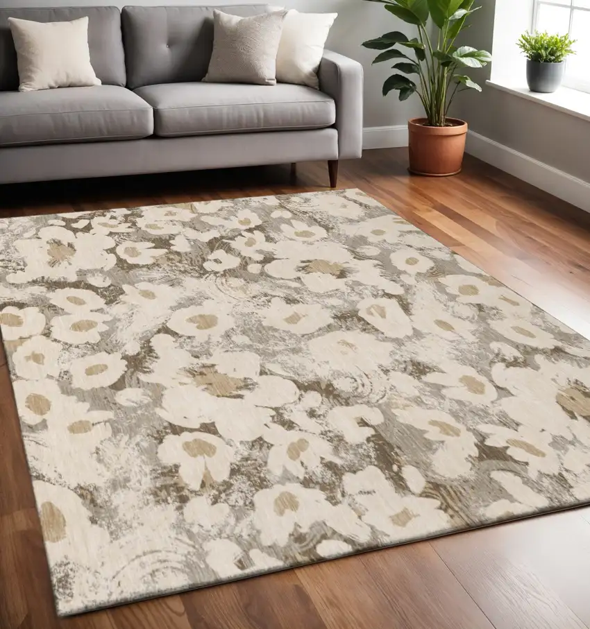 Khaki Gray And Ivory Floral Washable Area Rug With UV Protection Photo 2