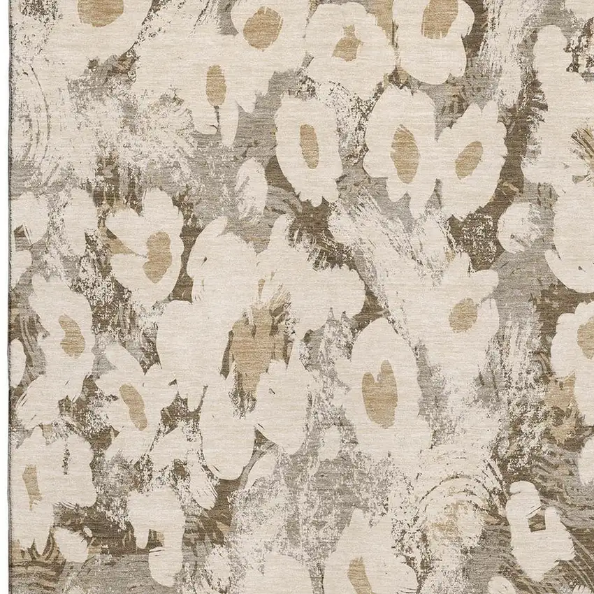 Khaki Gray And Ivory Floral Washable Area Rug With UV Protection Photo 3