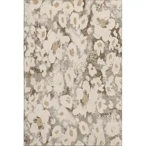 Photo of Khaki Gray And Ivory Floral Washable Area Rug With UV Protection