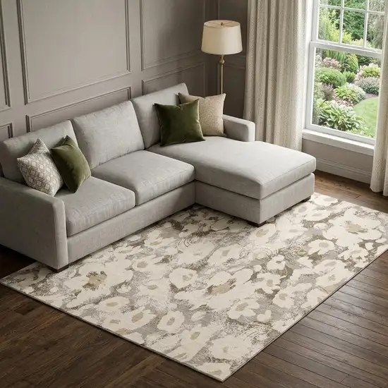Khaki Gray And Ivory Floral Washable Area Rug With UV Protection Photo 1