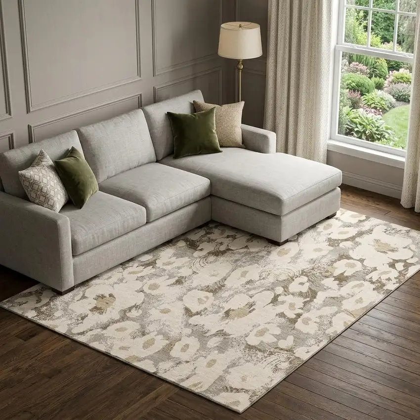 Khaki Gray And Ivory Floral Washable Area Rug With UV Protection Photo 1