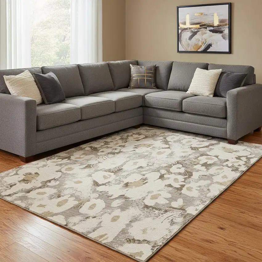 Khaki Gray And Ivory Floral Washable Area Rug With UV Protection Photo 1